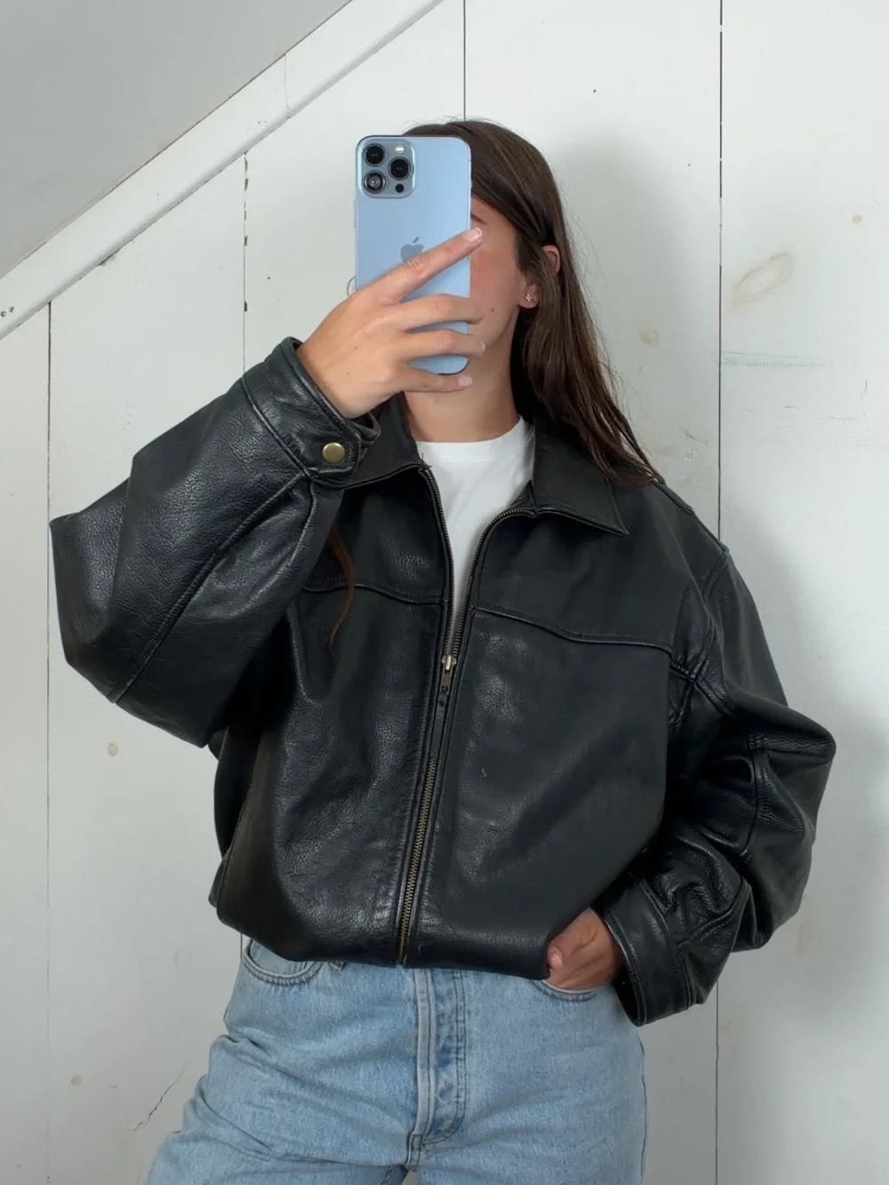 Vintage Cambridge Black Genuine Leather Bomber Jacket Men’s L Full Zip 90s Y2K